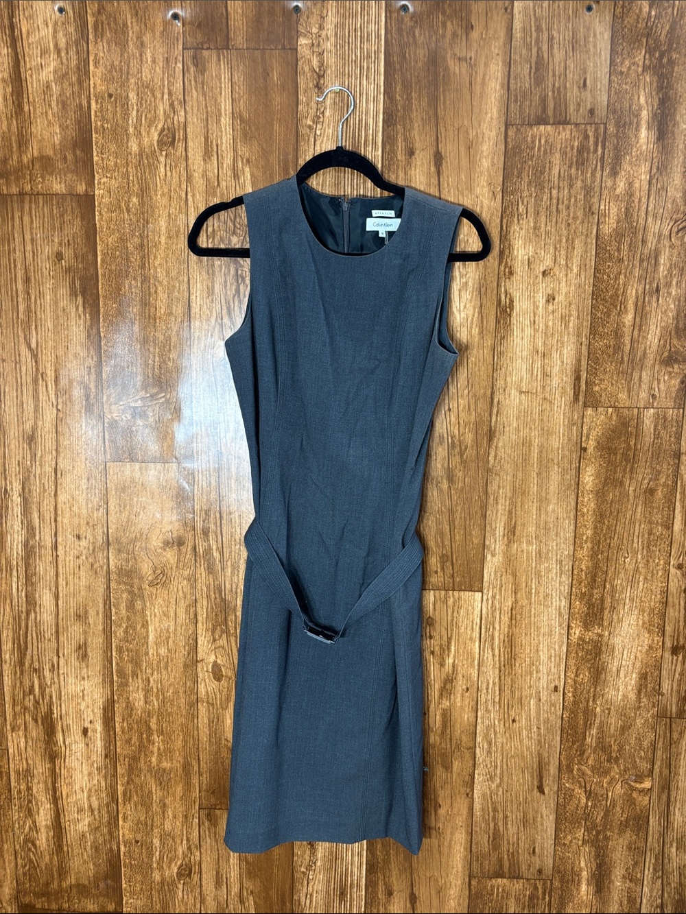 Calvin Klein Charcoal Gray Sleeveless Sheath Dress with Matching Belt